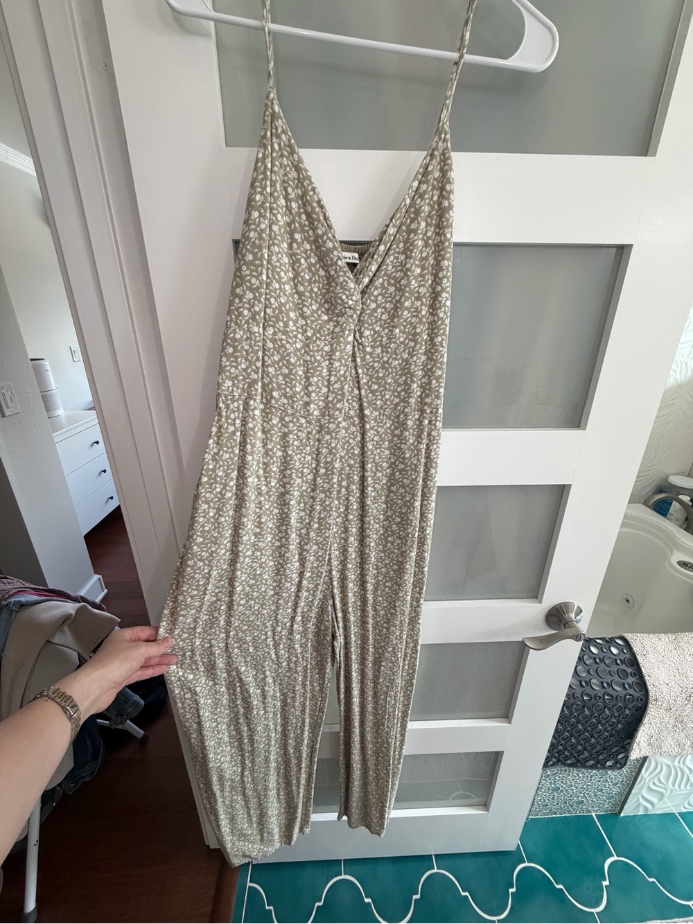 Abercrombie & Fitch Olive Green Floral Spaghetti-Strap Jumpsuit